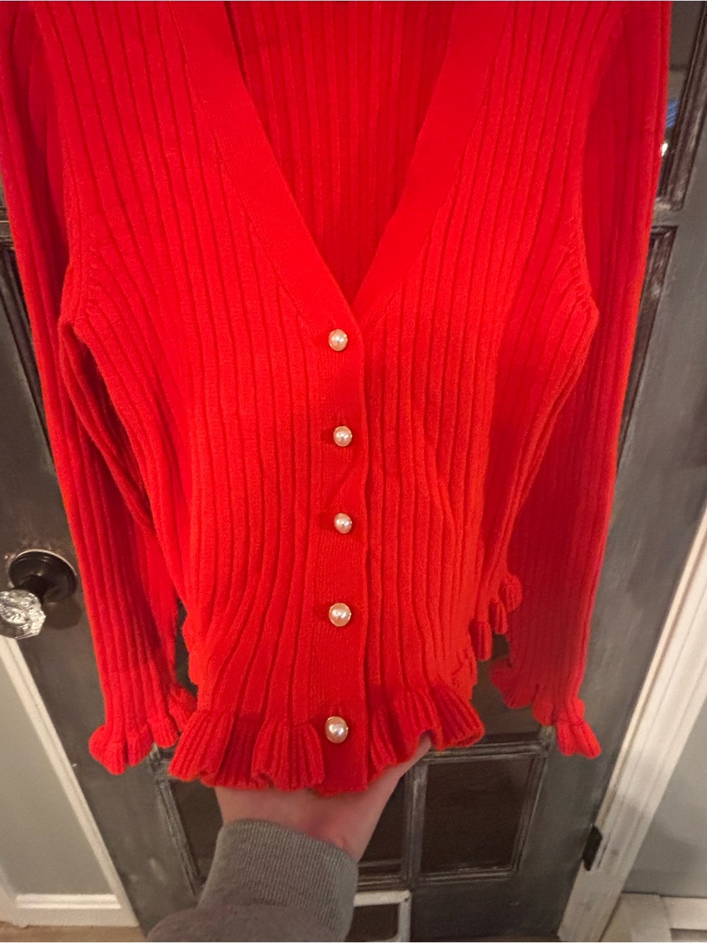 Laundry by Shelli Segal Red Ribbed Pearl Button Ruffle Cardigan - Picture 4 of 10